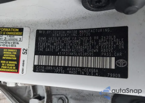 2020 Toyota Camry Xle Hybrid из США, поврежденный, VIN 4T1F31AK5LU538595